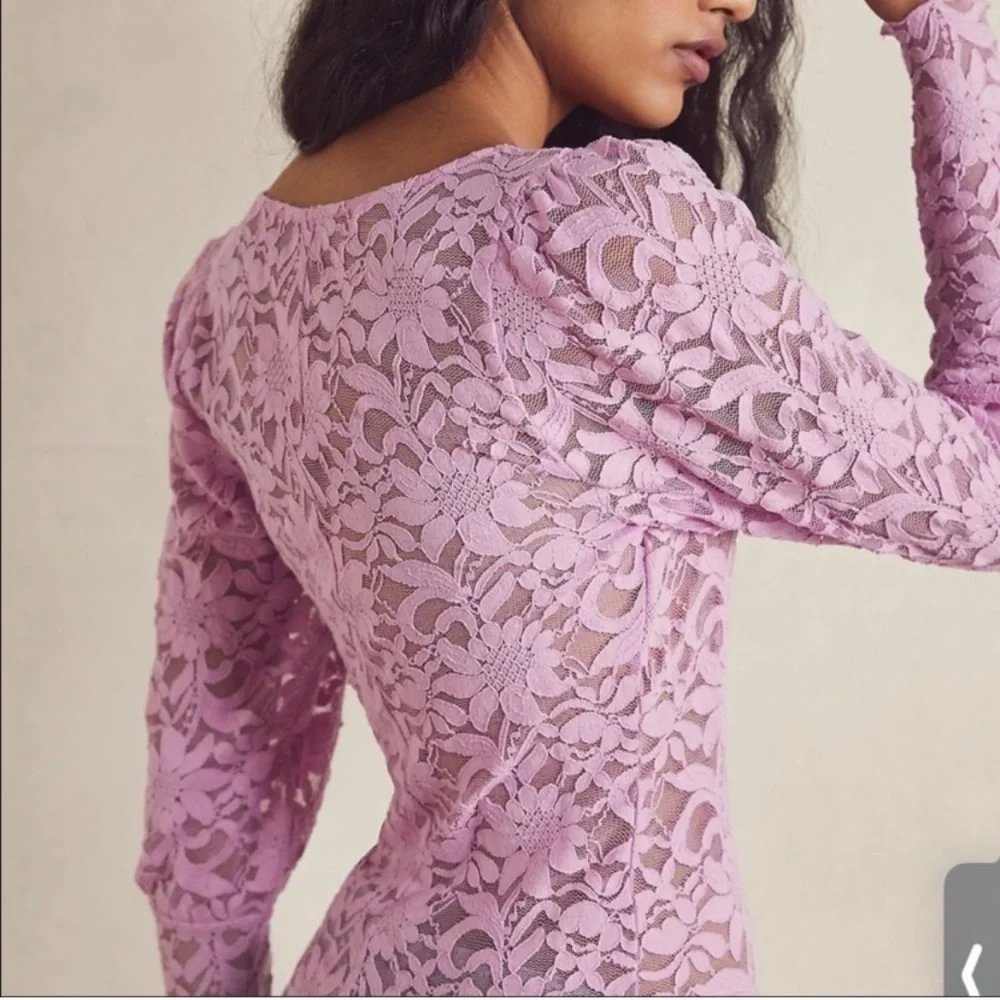 Revolve X Free People Long Distance Layering Long Sleeve Sheer Lace Top Pink NWT